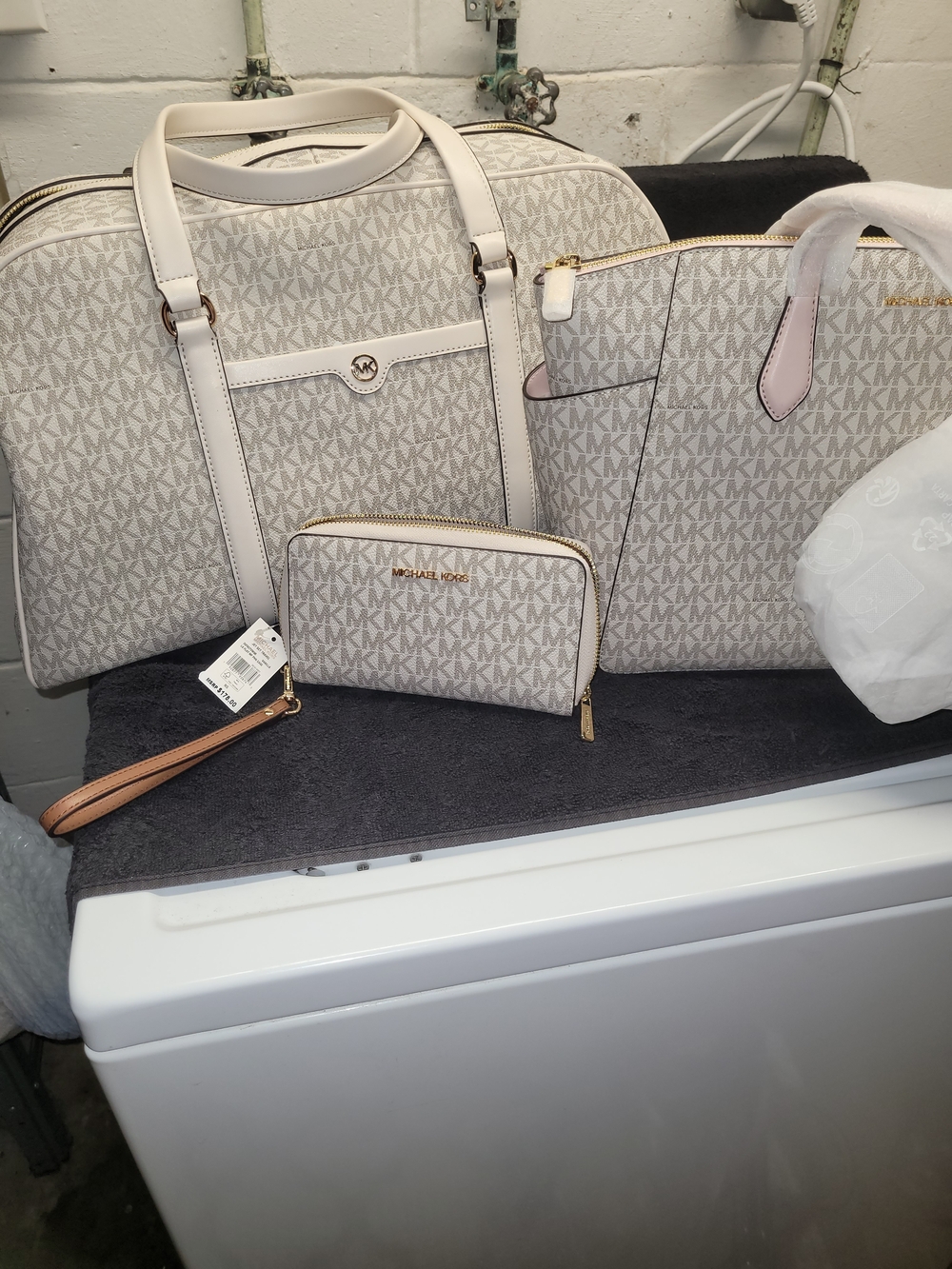 Michael Kors Cream and Light Pink MK Travel Tote, Weekender & Wallet Set